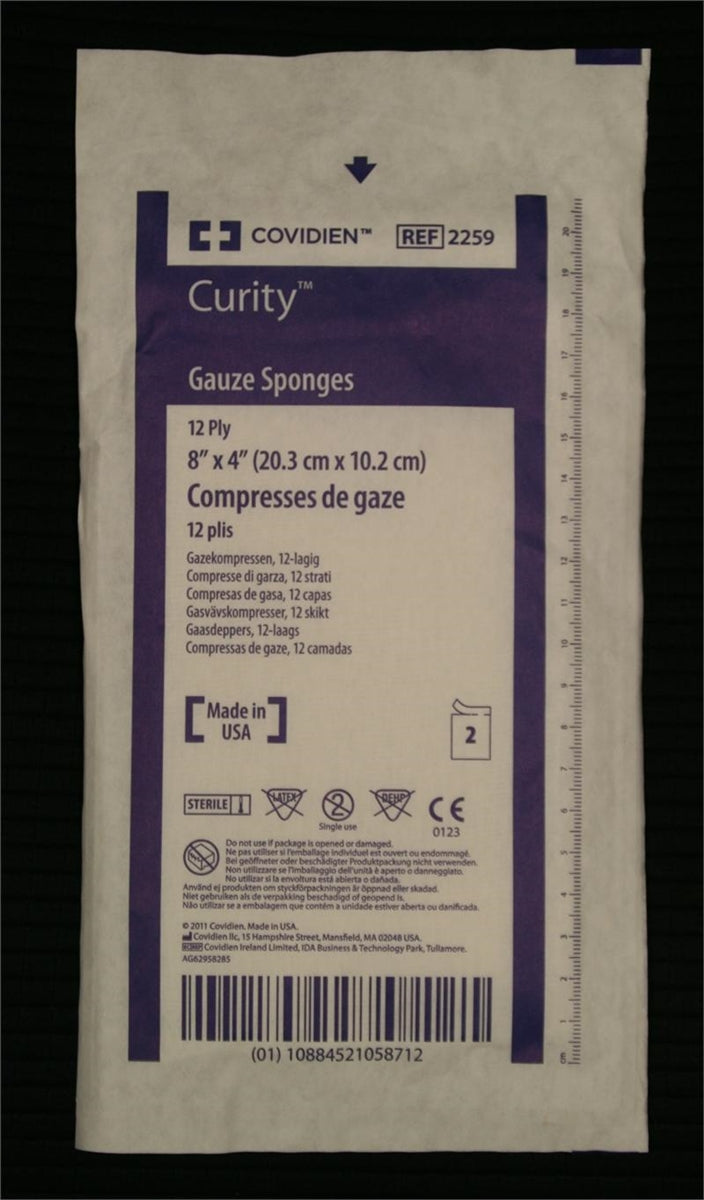 Covidien (formerly Kendall) 2259 Curity Gauze Sponge - 4" x 8", 12-ply, Sterile, 2 per pack, Box of 50 packs
