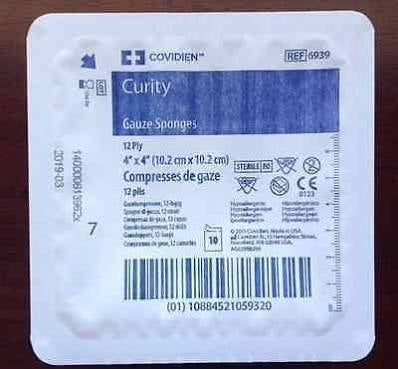 Covidien (formerly Kendall) 6939 Curity Gauze Sponge - 4" x 4", 12-ply, Sterile, 10/pack, plastic tray, One tray