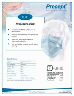 Precept 15111 Earloop Procedure Face Mask, Level 1 Fluid Resistant, BFE >99.6%, PFE >98.7%, Comfort Inner Facing, Blue, Box of 50 facemasks