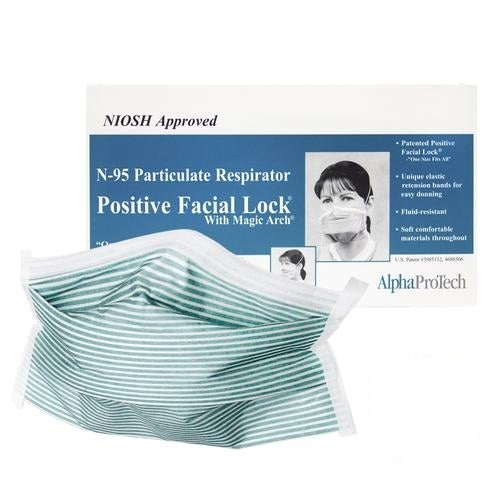 Alpha Pro Tech 695 Particulate Respirator N95 Surgical Mask, Magic Arch, Teal Stripe, Made in USA, Box of 35