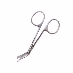 What feature does the upper blade of the Coloplast 95050 ostomy scissors have?