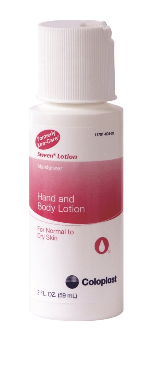A white bottle labeled 'Sween Lotions' for hand and body lotion, with a pink label indicating it's enriched with vitamin E and compatible with CHG.
