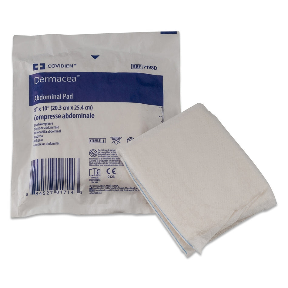 Covidien (formerly Kendall Curity) 7198D Dermacea ABD Abdominal Pads  - 8" x 10", Sterile 1s in peel-back package, Tray of 18 pads