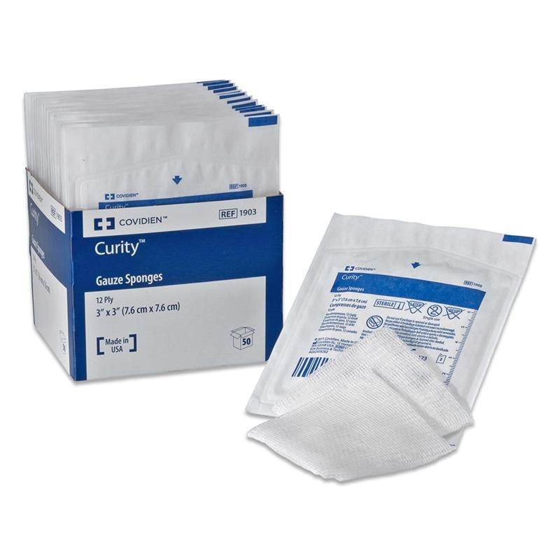 Covidien Kendall 1903 Curity Gauze Sponge - 3" x 3", 12-ply, Sterile, 2 per pack, Box of 25 packs