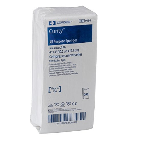 Covidien 9134 Curity (Previously Versalon) Non-Woven Gauze Sponges - 4" x 4", 3-ply, bulk, Non-Sterile, Package of 200