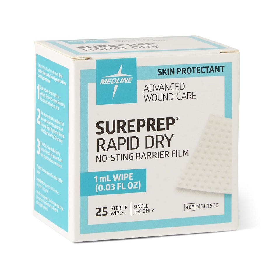 Medline MSC1605 SurePrep Rapid Dry No-Sting Skin Protectant 1 ml Wipe, Box of 25 wipes