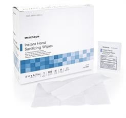 McKesson 16-3500  Hand Sanitizer Wipes, Individually Wrapped, 6 inch x 6.7 inch, 70% Ethyl Alcohol with moisturizers, Box of 100 wipes