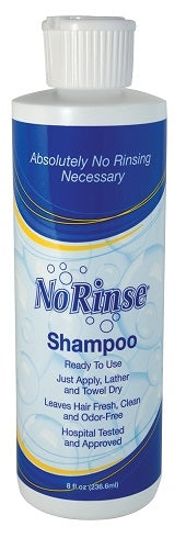Bottle of No-Rinse Shampoo, alcohol-free, with a blue and white label, 8 oz size.