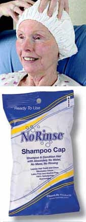 Packaging of No-Rinse Shampoo Cap with a depiction of an older woman wearing the cap.