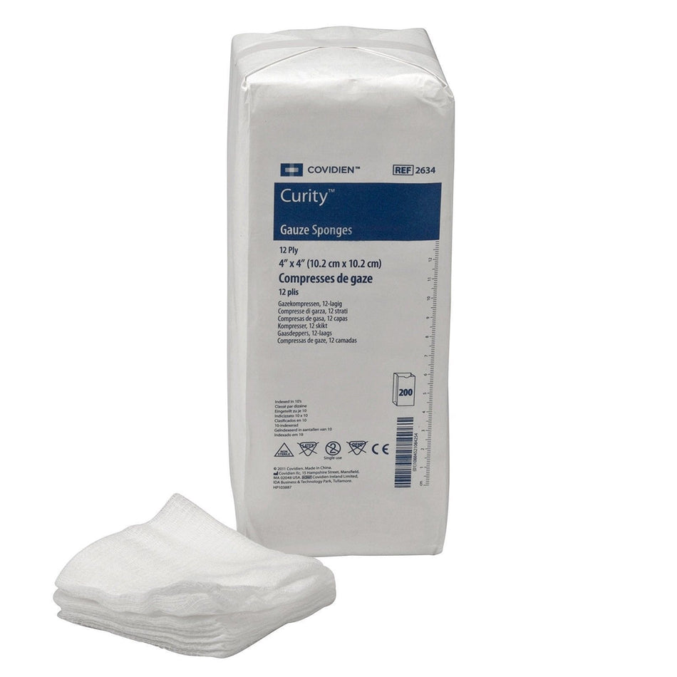 Covidien (formerly Kendall) 2634 Curity Gauze Sponge - 4" x 4", 12-ply, Non-Sterile, Package of 200